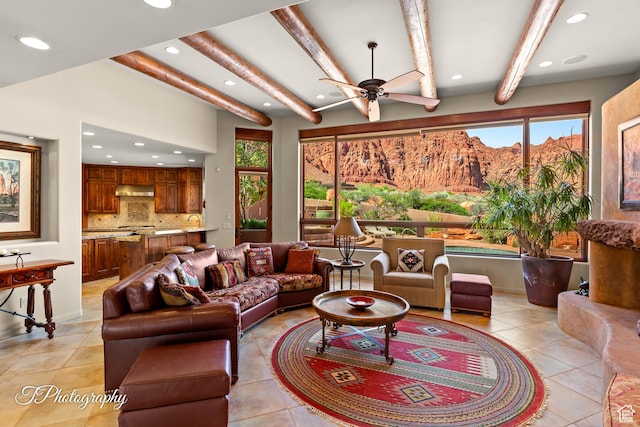 1936 N Uwan Dr, Ivins, UT 84738 - living area with healthy amount of natural light, recessed lighting, light tile patterned flooring, ceiling fan, and beamed ceiling