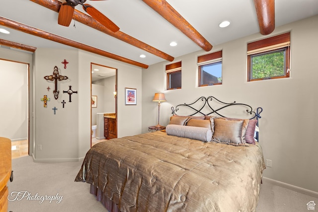 1936 N Uwan Dr, Ivins, UT 84738 - bedroom featuring light colored carpet, beam ceiling, recessed lighting, connected bathroom, and baseboards