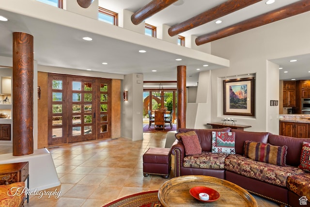 1936 N Uwan Dr, Ivins, UT 84738 - living room with recessed lighting, light tile patterned floors, and beam ceiling