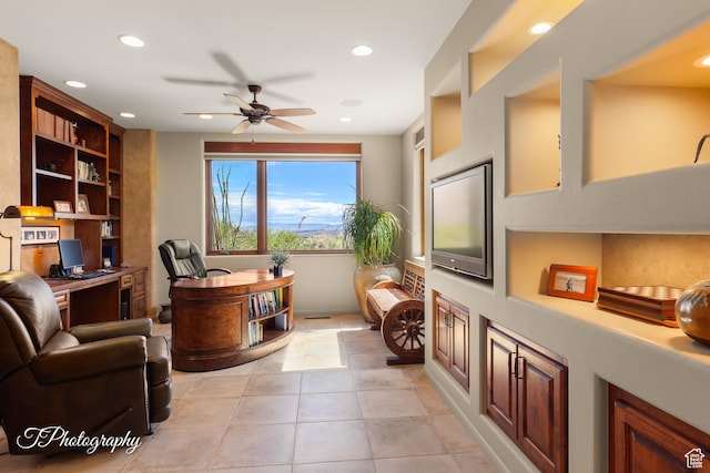 1936 N Uwan Dr, Ivins, UT 84738 - office featuring a ceiling fan, recessed lighting, light tile patterned flooring, built in shelves, and built in study area