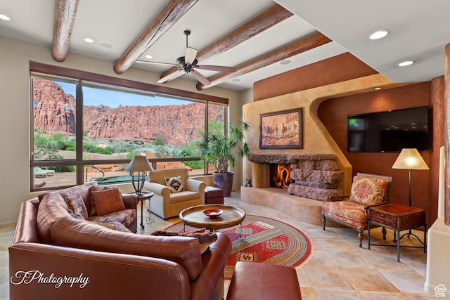 1936 N Uwan Dr, Ivins, UT 84738 - living area with ceiling fan, recessed lighting, beamed ceiling, a premium fireplace, and tile patterned floors