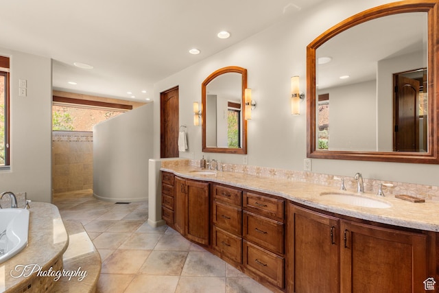 1936 N Uwan Dr, Ivins, UT 84738 - full bathroom with double vanity, a bathtub, tile patterned floors, recessed lighting, and tiled shower