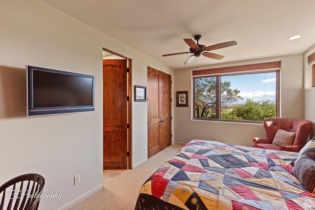 1936 N Uwan Dr, Ivins, UT 84738 - bedroom featuring light colored carpet, baseboards, a ceiling fan, and recessed lighting