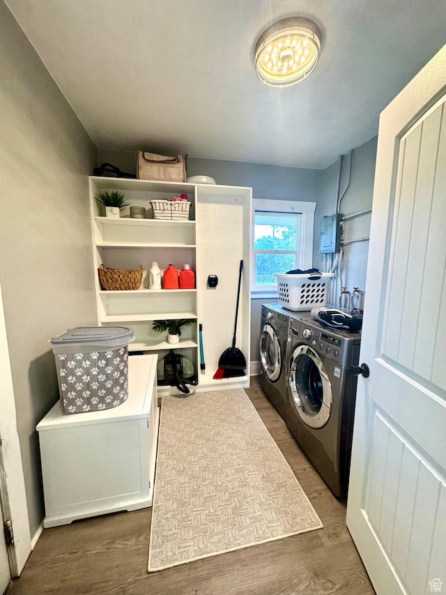 52 W 2000 N, Sunset, UT 84015 - laundry room with washing machine and dryer, wood finished floors, and electric panel