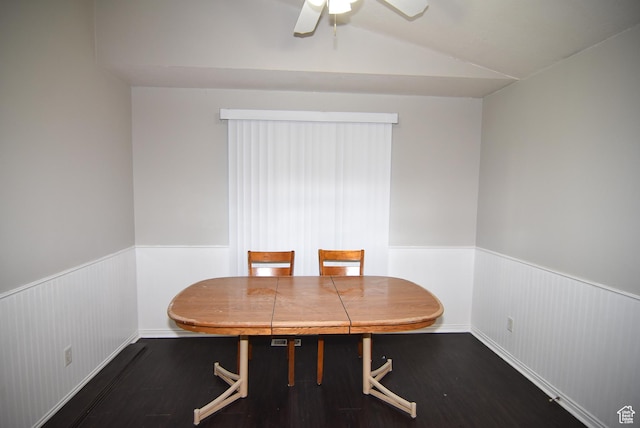 2236 E 1480 S, Spanish Fork, UT 84660 - dining room with wainscoting, vaulted ceiling, wood finished floors, and ceiling fan