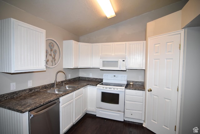2236 E 1480 S, Spanish Fork, UT 84660 - kitchen featuring white appliances, a sink, lofted ceiling, white cabinetry, and dark countertops