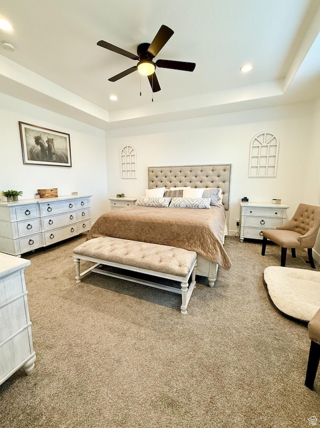 1384 E Abigail Ln, Eagle Mountain, UT 84005 - carpeted bedroom with a tray ceiling, recessed lighting, and a ceiling fan