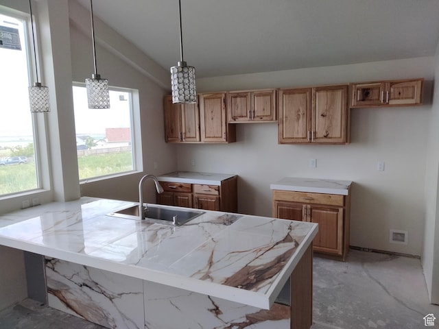 10960 N Anderson Way, Tremonton, UT 84337 - kitchen featuring a sink, lofted ceiling, light countertops, and pendant lighting