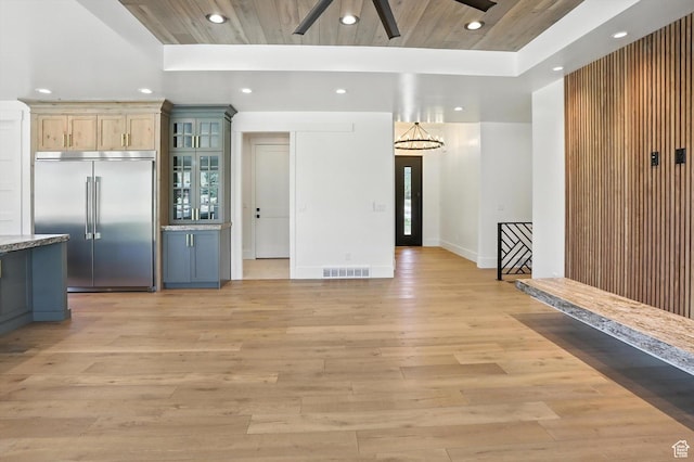 3248 E 5225 N Unit 5, Liberty, UT 84310 - unfurnished living room with recessed lighting, ceiling fan, light wood-style flooring, a chandelier, and wooden ceiling