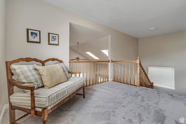 2825 Elk Horn Ln, Cottonwood Heights, UT 84093 - living area with carpet, ceiling fan, a skylight, baseboards, and an upstairs landing