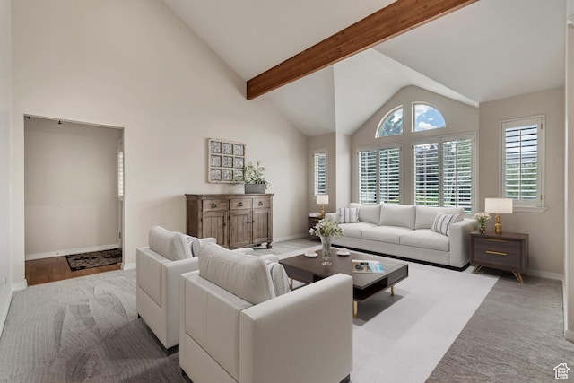 2825 Elk Horn Ln, Cottonwood Heights, UT 84093 - carpeted living area with baseboards, beamed ceiling, and high vaulted ceiling