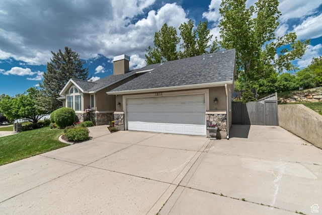 2825 Elk Horn Ln, Cottonwood Heights, UT 84093 - ranch-style house featuring stone siding, driveway, an attached garage, a gate, and stucco siding