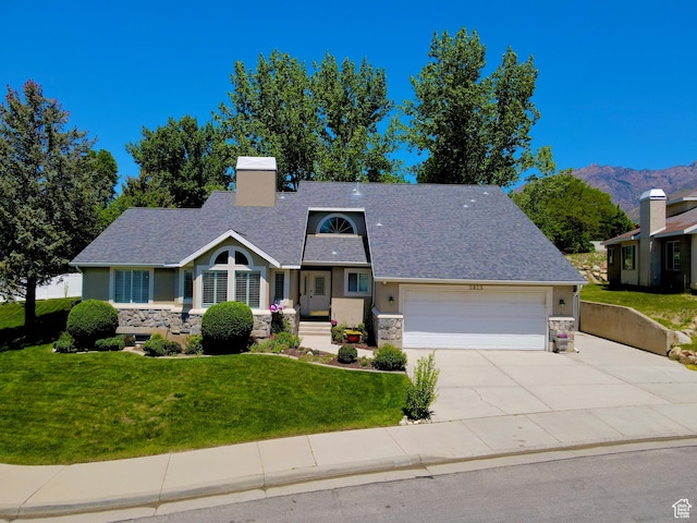 2825 Elk Horn Ln, Cottonwood Heights, UT 84093 - view of front of property with stone siding, a garage, stucco siding, concrete driveway, and a chimney