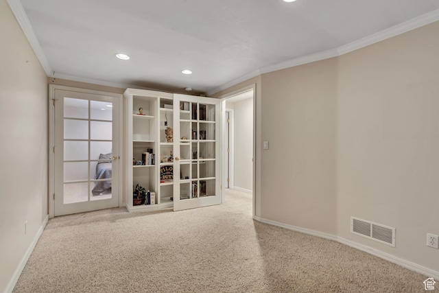 2825 Elk Horn Ln, Cottonwood Heights, UT 84093 - spare room featuring french doors, ornamental molding, baseboards, carpet flooring, and recessed lighting