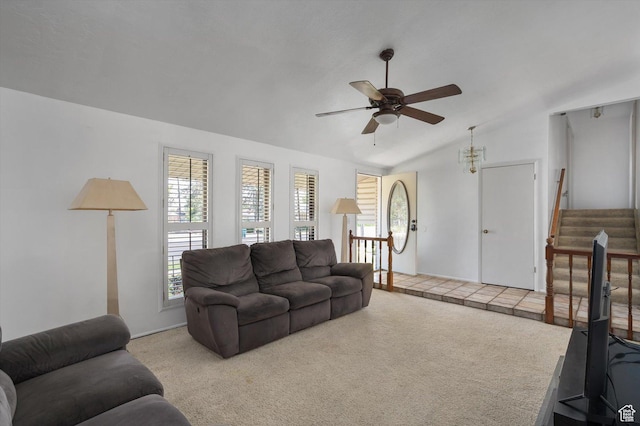 2263 W 4400 S, Roy, UT 84067 - carpeted living area with a ceiling fan, vaulted ceiling, plenty of natural light, stairway, and baseboards