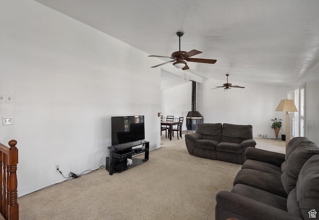 2263 W 4400 S, Roy, UT 84067 - living room featuring carpet flooring, vaulted ceiling, and a ceiling fan
