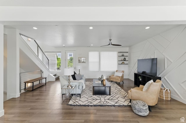 11398 Lake Run Rd, South Jordan, UT 84095 - living room featuring stairway, wood finished floors, recessed lighting, and baseboards