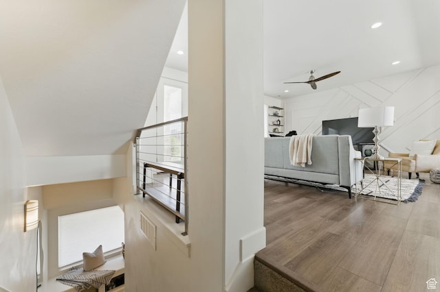 11398 Lake Run Rd, South Jordan, UT 84095 - stairs featuring ceiling fan, recessed lighting, and wood finished floors