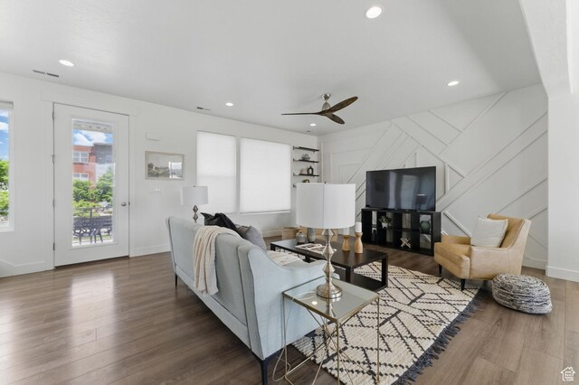11398 Lake Run Rd, South Jordan, UT 84095 - living room with a ceiling fan, wood finished floors, recessed lighting, and baseboards
