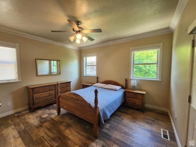 3368 N 700 E, Lehi, UT 84043 - bedroom featuring dark wood-style flooring, crown molding, a textured ceiling, baseboards, and ceiling fan