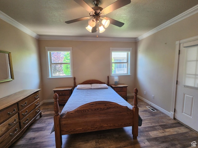 3368 N 700 E, Lehi, UT 84043 - bedroom featuring baseboards, dark wood-type flooring, ornamental molding, a textured ceiling, and ceiling fan