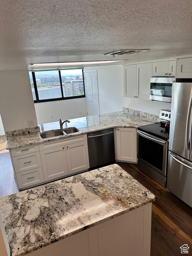 241 N Vine St E Unit 207W, Salt Lake City, UT 84103 - kitchen featuring stainless steel appliances, a textured ceiling, dark wood-style flooring, light stone counters, and white cabinetry