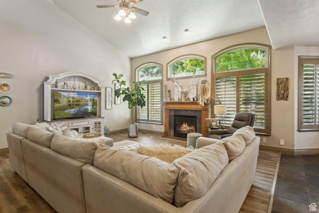 1744 E Burning Oak Dr, Draper, UT 84020 - living area featuring ceiling fan, baseboards, a high end fireplace, and high vaulted ceiling