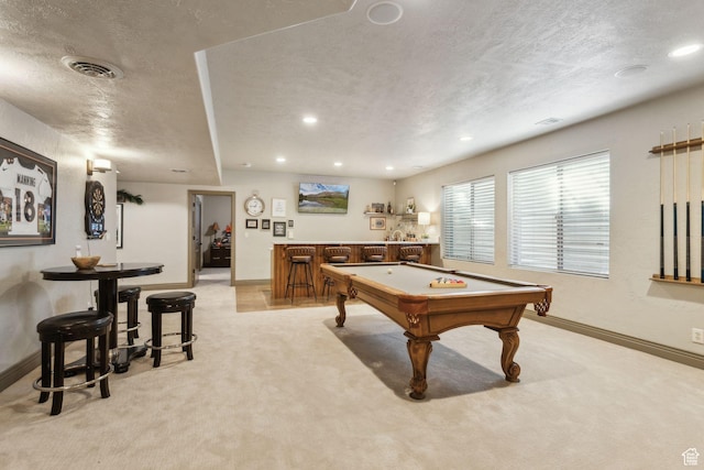 1744 E Burning Oak Dr, Draper, UT 84020 - playroom with wet bar, light carpet, a textured ceiling, baseboards, and pool table