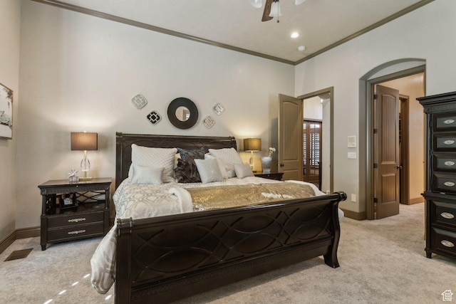 1744 E Burning Oak Dr, Draper, UT 84020 - bedroom with light carpet, ornamental molding, baseboards, and a ceiling fan
