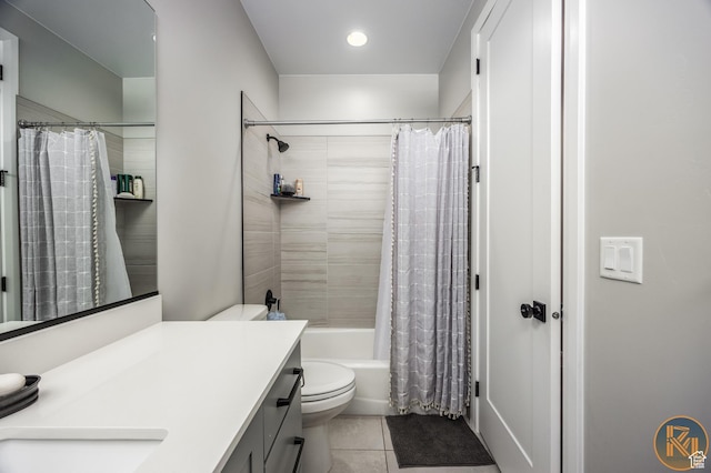 1060 W Jonathon Dr, Washington, UT 84780 - full bathroom featuring vanity, tile patterned floors, shower / bathtub combination with curtain, toilet, and recessed lighting