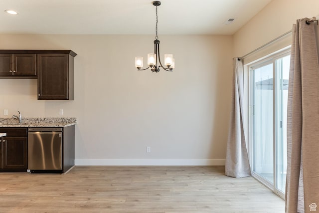 200 W 1200 S Unit 52, Tremonton, UT 84337 - kitchen featuring stainless steel dishwasher, dark brown cabinetry, a chandelier, light wood-style floors, and recessed lighting