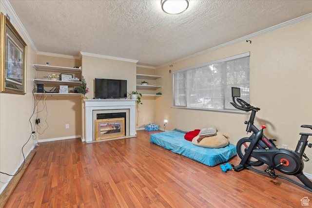 7638 S Redwood Rd Unit 17, West Jordan, UT 84084 - workout room with wood finished floors, a glass covered fireplace, a textured ceiling, crown molding, and baseboards