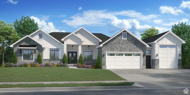 275 S 2800 E Unit 201, Spanish Fork, UT 84660 - view of front of house featuring board and batten siding, stone siding, french doors, and a front yard