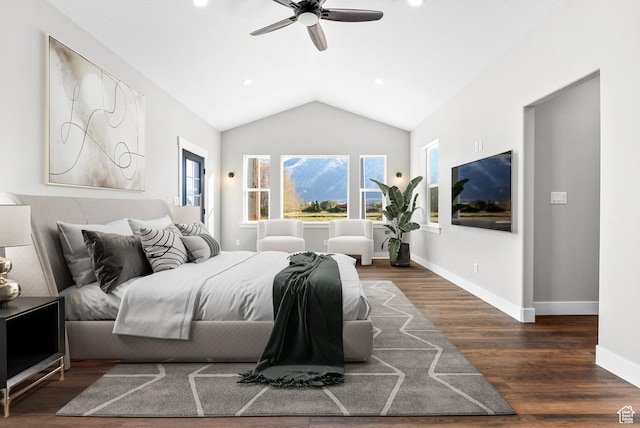 275 S 2800 E Unit 201, Spanish Fork, UT 84660 - bedroom featuring wood finished floors, vaulted ceiling, recessed lighting, baseboards, and a ceiling fan