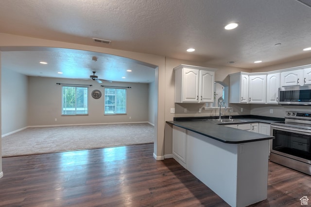 943 W 580 S Unit 97, Pleasant Grove, UT 84062 - kitchen with appliances with stainless steel finishes, dark countertops, a ceiling fan, a sink, and white cabinets