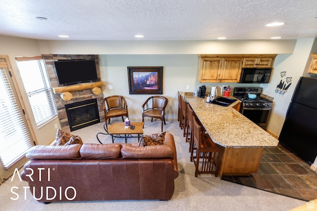 3521 N Moose Hollow Dr Unit 1202, Eden, UT 84310 - kitchen with black appliances, a sink, a textured ceiling, open floor plan, and a stone fireplace