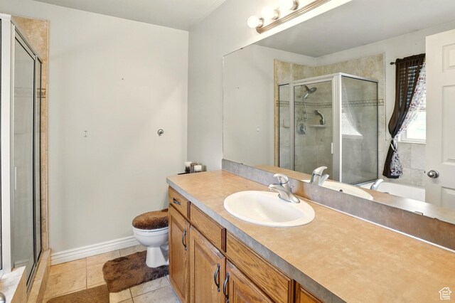 2865 W 3600 N, Farr West, UT 84404 - full bathroom with vanity, toilet, a stall shower, and tile patterned floors