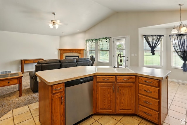 2865 W 3600 N, Farr West, UT 84404 - kitchen with a sink, dishwasher, light tile patterned floors, light countertops, and lofted ceiling