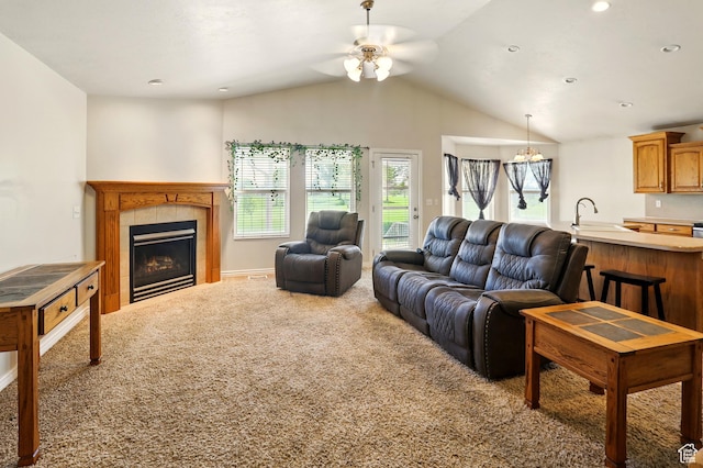 2865 W 3600 N, Farr West, UT 84404 - living room with a ceiling fan, carpet flooring, lofted ceiling, a tile fireplace, and recessed lighting