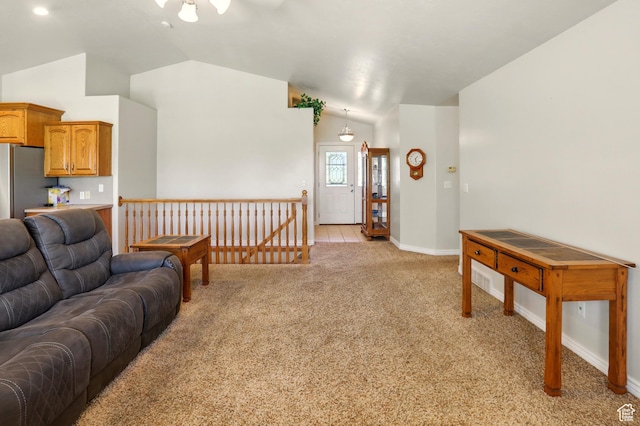 2865 W 3600 N, Farr West, UT 84404 - living room with light colored carpet, vaulted ceiling, baseboards, and a ceiling fan