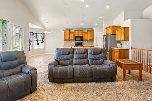 2865 W 3600 N, Farr West, UT 84404 - living area featuring a chandelier, high vaulted ceiling, light tile patterned flooring, baseboards, and recessed lighting