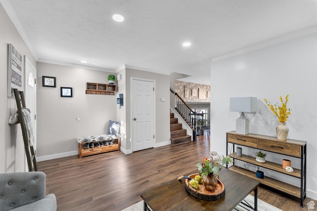 1962 W 12110 S, Riverton, UT 84065 - living area with stairs, wood finished floors, baseboards, crown molding, and recessed lighting