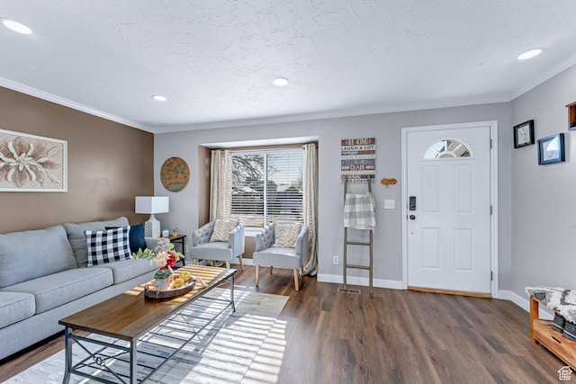 1962 W 12110 S, Riverton, UT 84065 - living room with dark wood-type flooring, crown molding, baseboards, and recessed lighting