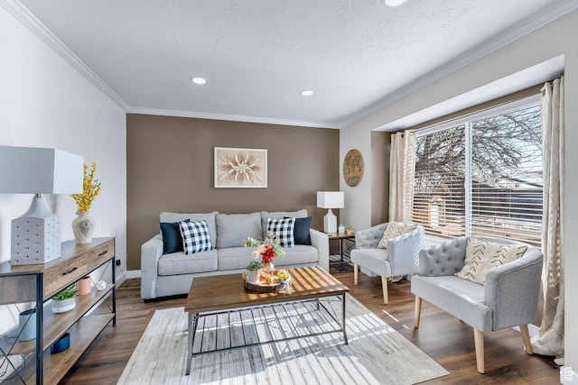 1962 W 12110 S, Riverton, UT 84065 - living room featuring crown molding, dark wood-type flooring, recessed lighting, and baseboards