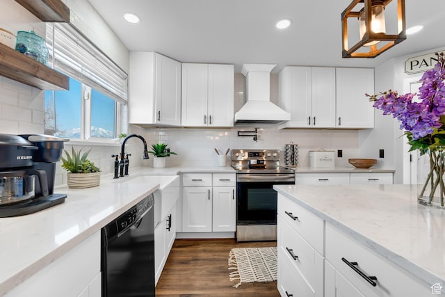 1962 W 12110 S, Riverton, UT 84065 - kitchen featuring electric stove, black dishwasher, premium range hood, a sink, and tasteful backsplash