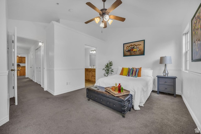 685 S 2220 W Unit 302, Pleasant Grove, UT 84062 - carpeted bedroom featuring baseboards, vaulted ceiling, connected bathroom, and ceiling fan