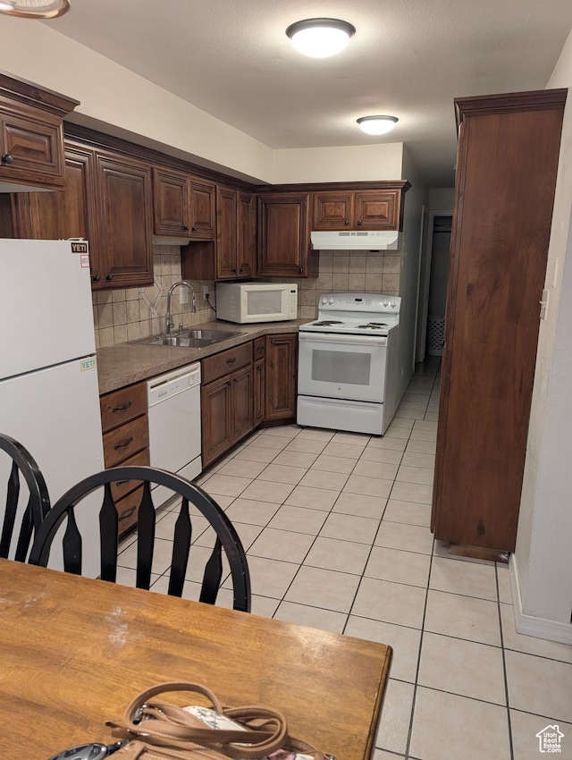 240 E 400 N Unit 41, Logan, UT 84321 - kitchen featuring white appliances, a sink, light tile patterned floors, under cabinet range hood, and backsplash