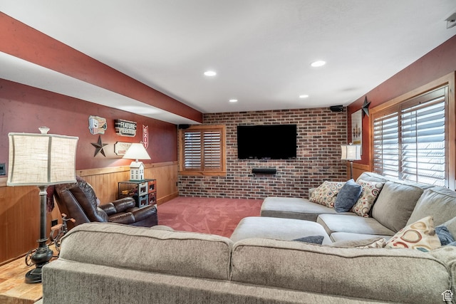 250 E 950 N, Kaysville, UT 84037 - carpeted living room with a wainscoted wall, recessed lighting, wood walls, and brick wall