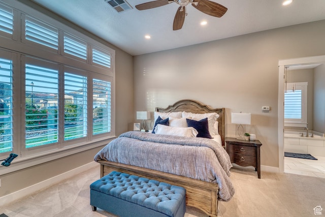 3207 W 2650 S, Hurricane, UT 84737 - carpeted bedroom featuring baseboards, recessed lighting, ensuite bathroom, and ceiling fan