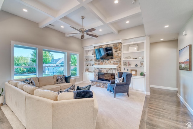 3207 W 2650 S, Hurricane, UT 84737 - living room featuring baseboards, a ceiling fan, light wood-style floors, a fireplace, and recessed lighting